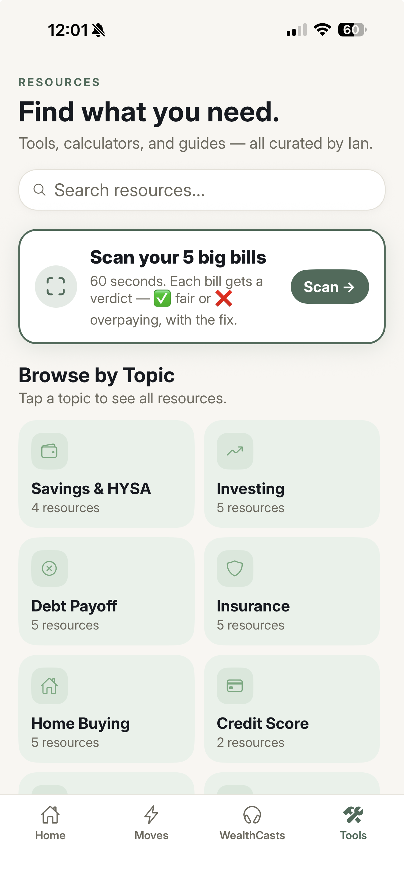 OnTrack Tools screen: bill scanner, calculators, and resources curated by Ian, browsable by topic