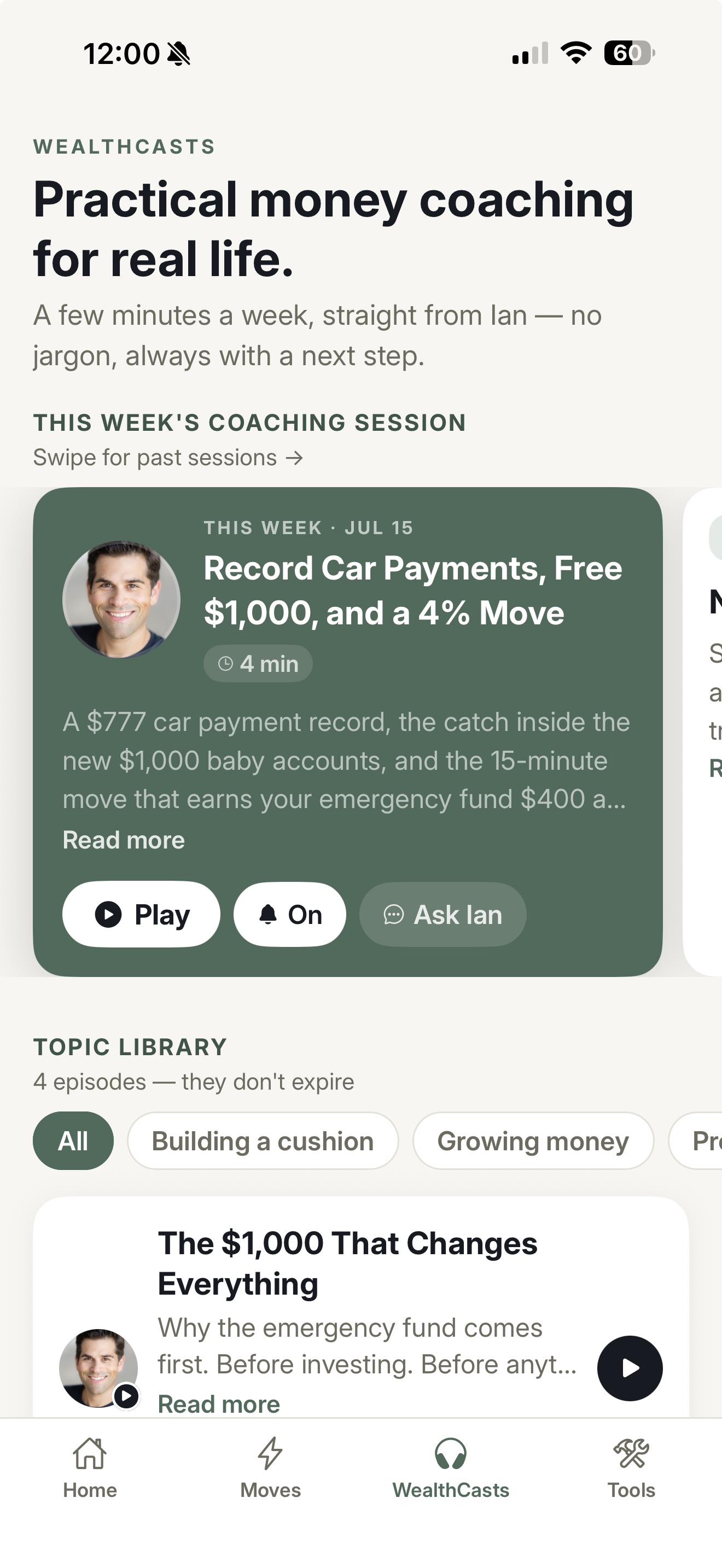 OnTrack WealthCasts screen: this week's coaching session from Ian with a topic library below